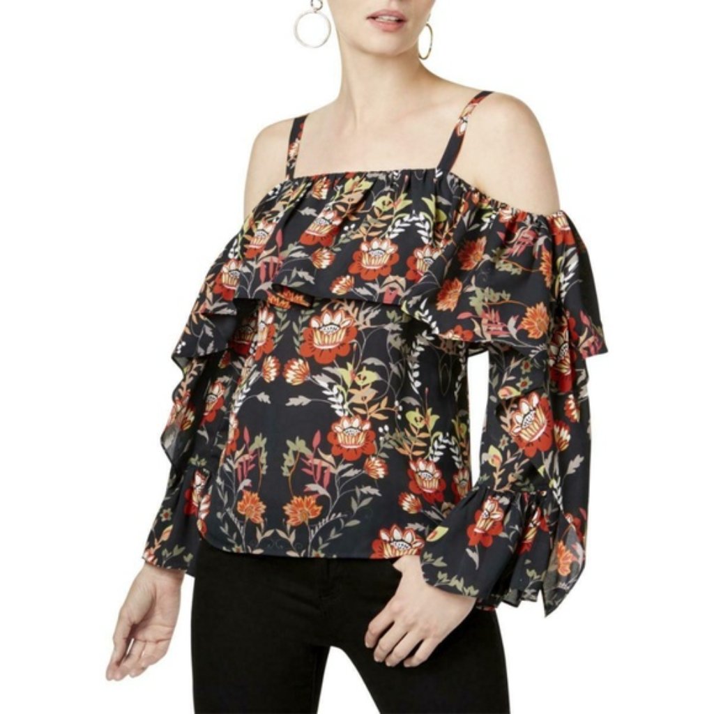 Floral Black And Orange Long Sleeve Cold Shoulder Women's Top Size Xl